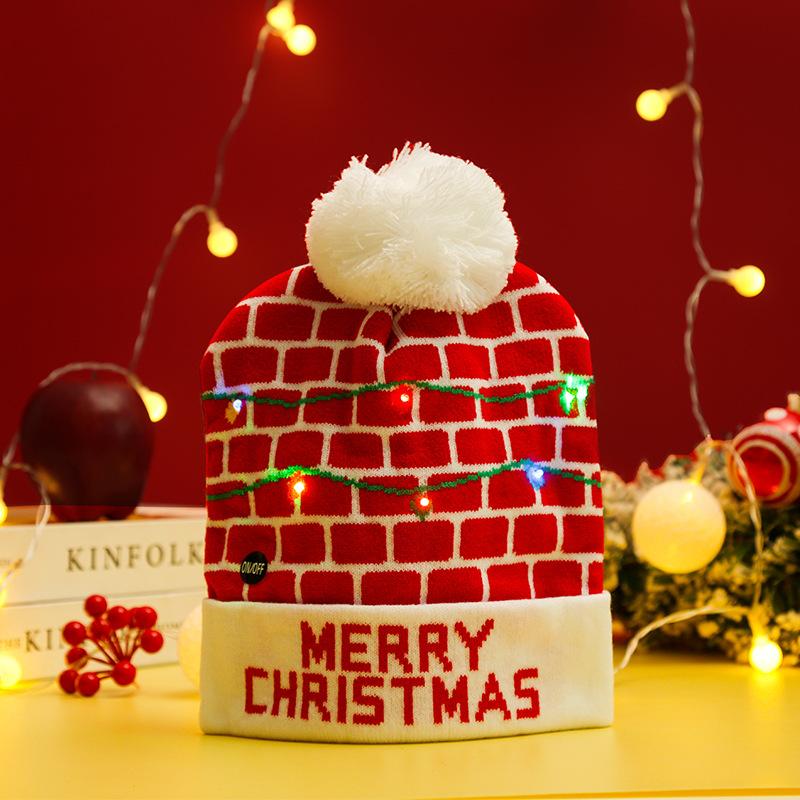 Cross-border Christmas decoration supplies cuffed knitted hat with ball LED light Santa Claus luminous hat for adults and children