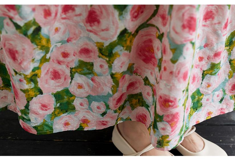 2025 Summer Cotton Linen Printed Patchwork Loose Long Suspender Dress with Slimming Large Hem