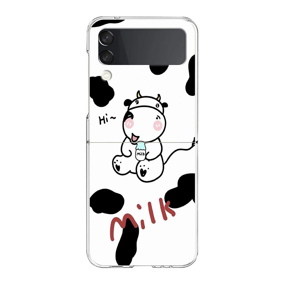 Transparent Phone Case For Samsung Galaxy Z Flip 3 4 5 6 7 Hard Folding PC Z Flip3 Flip4 Cover Dairy Cattle Cow Speckle Cute