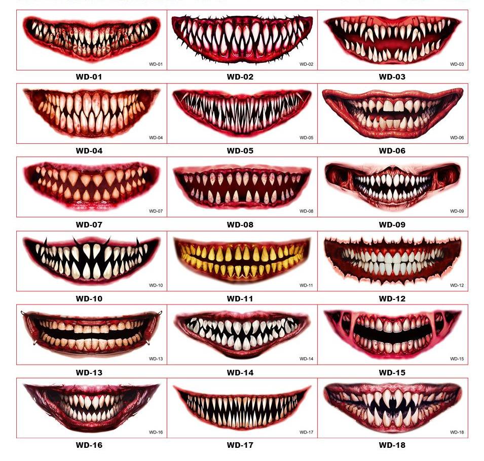 18 Style Randomly Sent Halloween Scary Big Mouth Temporary Tattoo Waterproof Long Lasting Do Not Stimulate Safety Tattoo Sticker