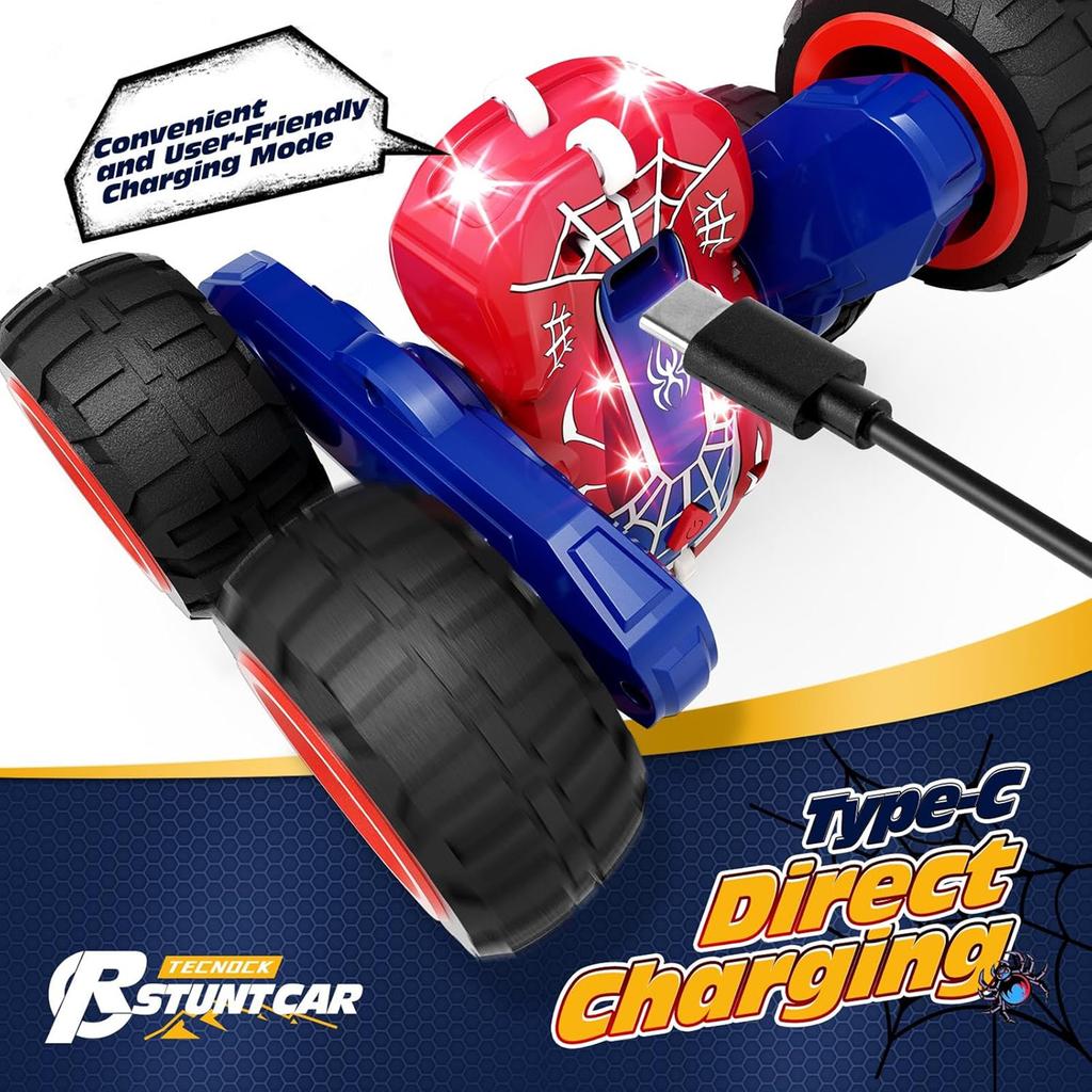 Remote Control Car with Lights, Type-C Fast Charging, 2.4GHz Double Sided Flips RC Cars, 360° Rotates RC Stunt Car Toys for Kids