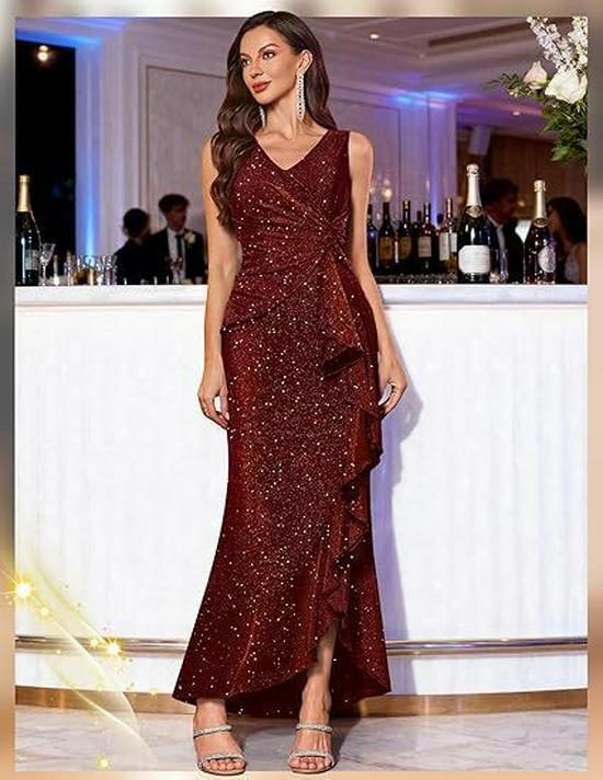 Vestido de Noche Europeo Elegante para Mujer 2025 con Lentejuelas, Cuello en V y Abertura