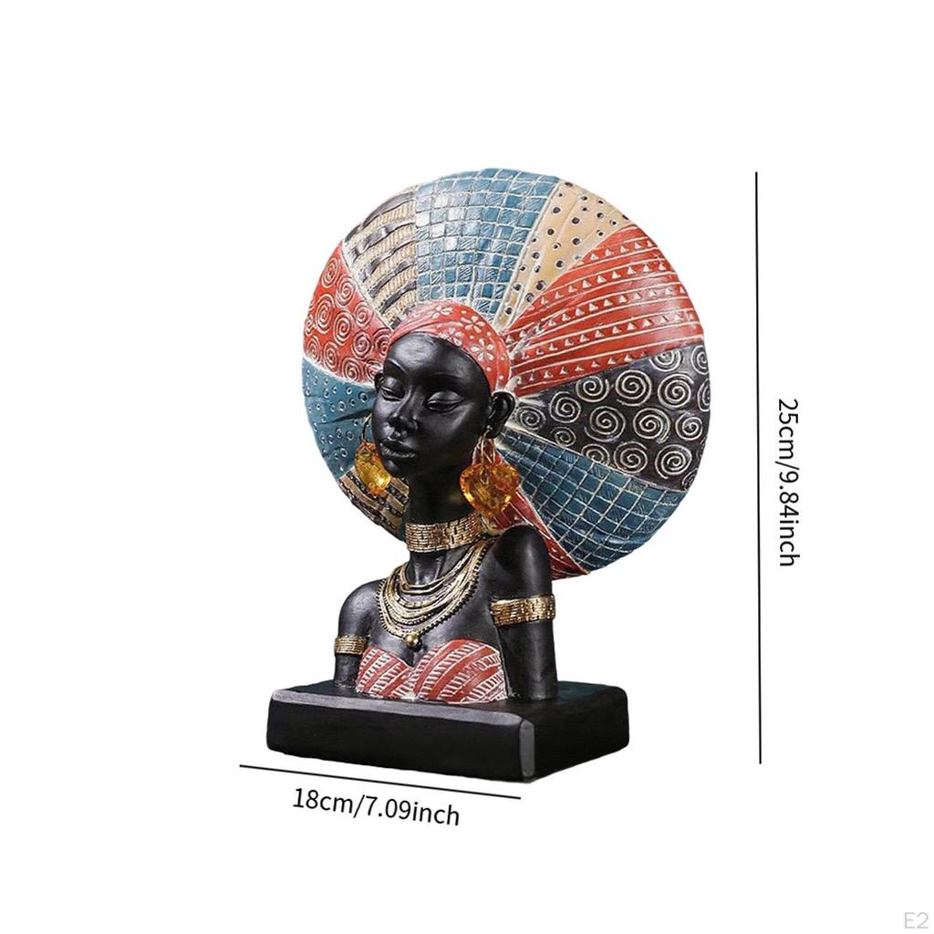 African Woman Resin Figurine Tabletop Decoration Handmade Craft with Ornate Headdress for Bookshelf