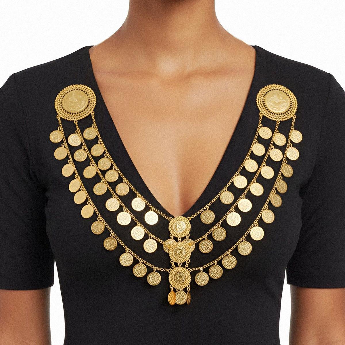 Exaggerated big multi-layer coin tassel necklace retro double brooch body chain gold alloy
