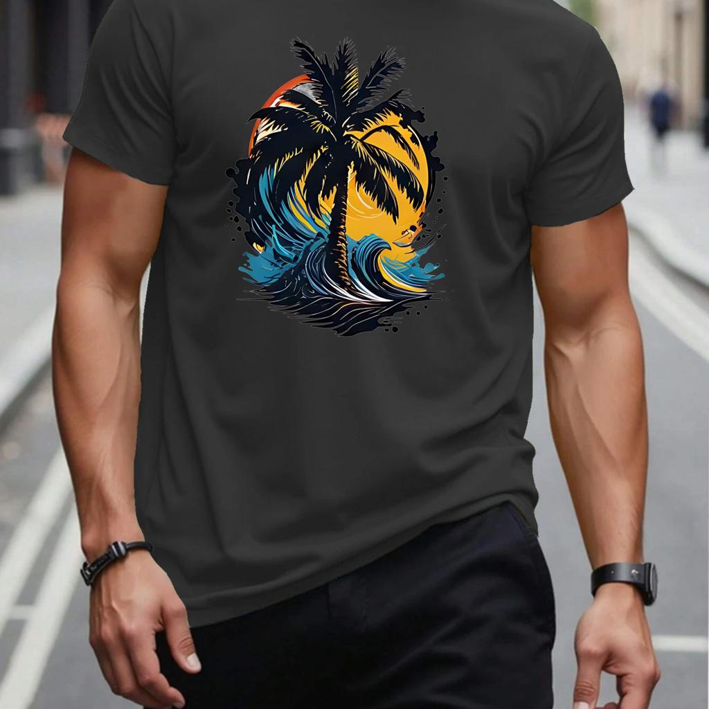 Herren Baumwoll Freizeit T-Shirt Tropischer Sonnenuntergang Palme Druck Herrenbekleidung Bequem
