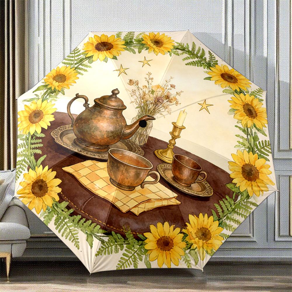 Modern Round Sunflower Teapot Wreath Yellow Decorative Pattern Umbrella