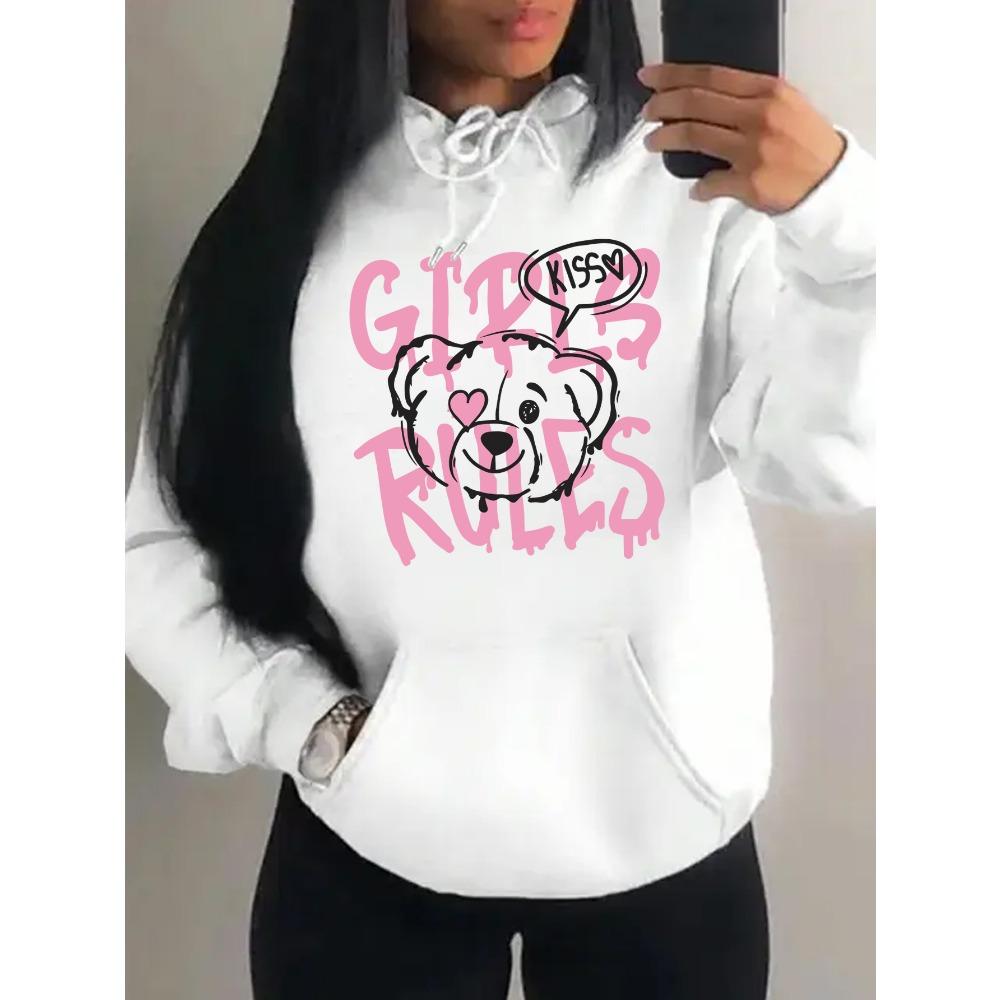 Girls Rules Pink Kiss Cartoon Love Bear Design Women Hoodies Autumn Y2K Hoody Casual Sportswear Fleece Clothes