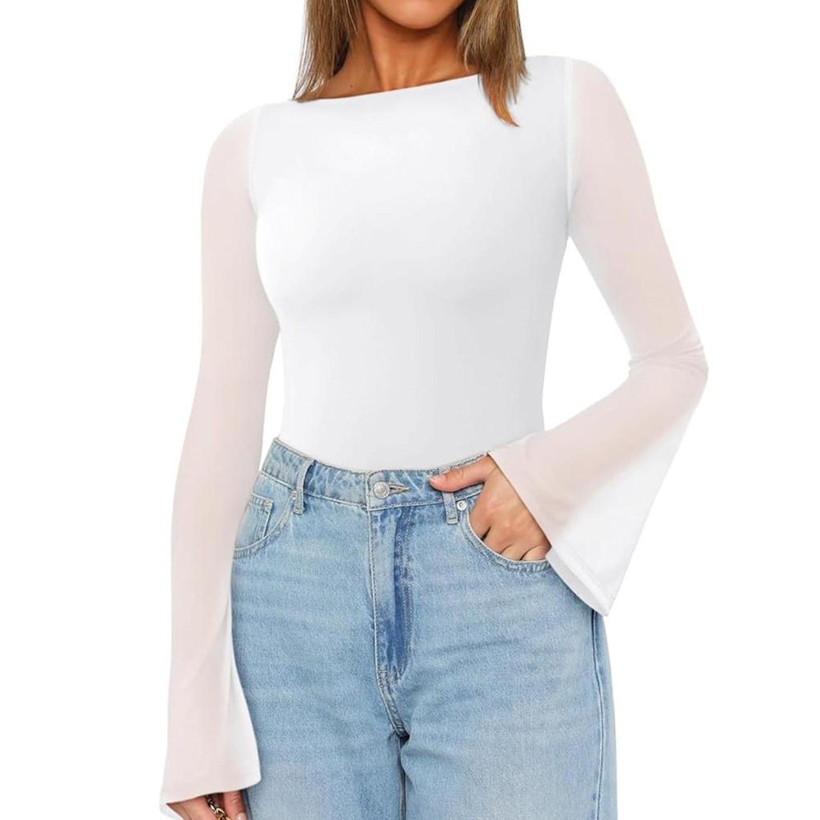 

Женский трендовый сексуальный боди-топ с кружевом и прозрачными вставками и рукавами-трубами XL белый