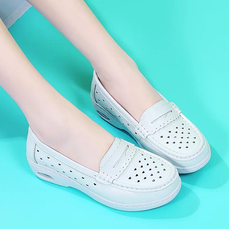 Genuine Leather Air Cushion Nurse Shoes for Women Spring and Summer New Soft Soled Breathable Flat Soled White Medical Shoes
