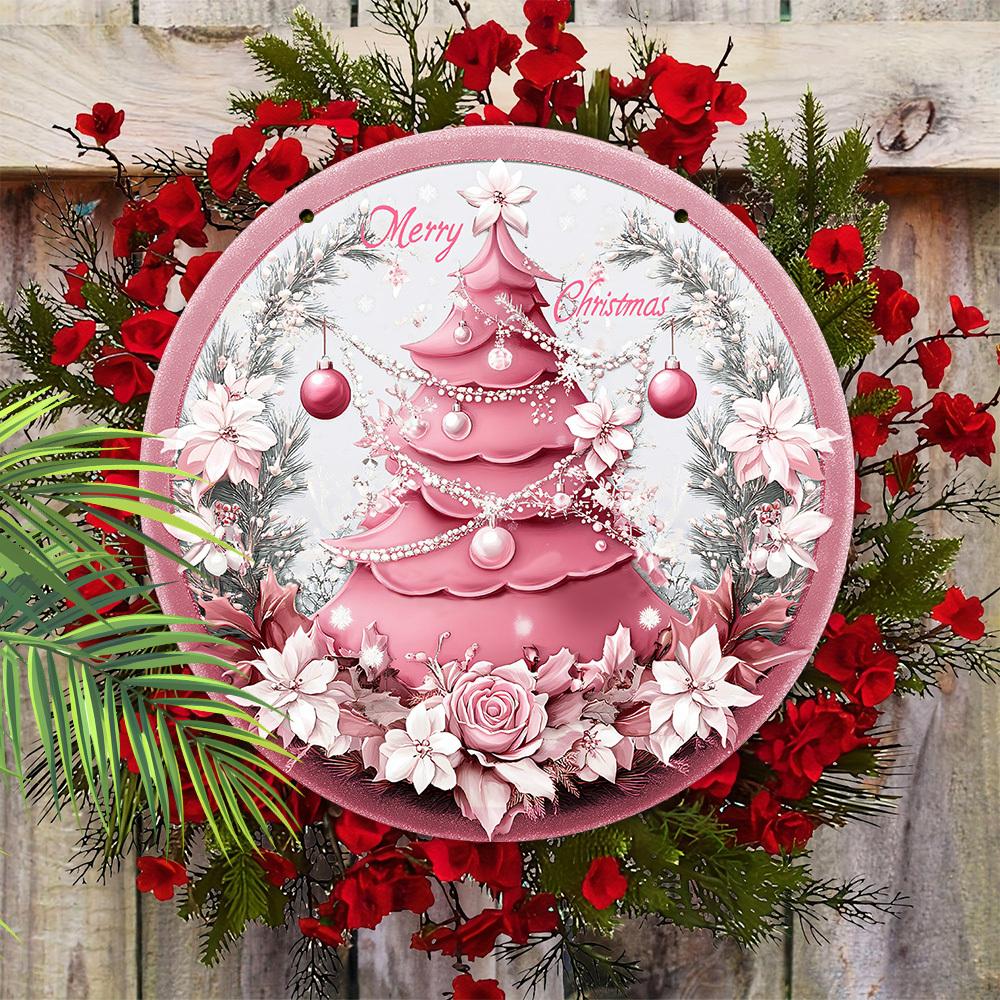 Wooden Pink Christmas Sign, Merry Christmas Round Ornament for Front Door Wall Hanging Decor, Ideal Christmas Gift