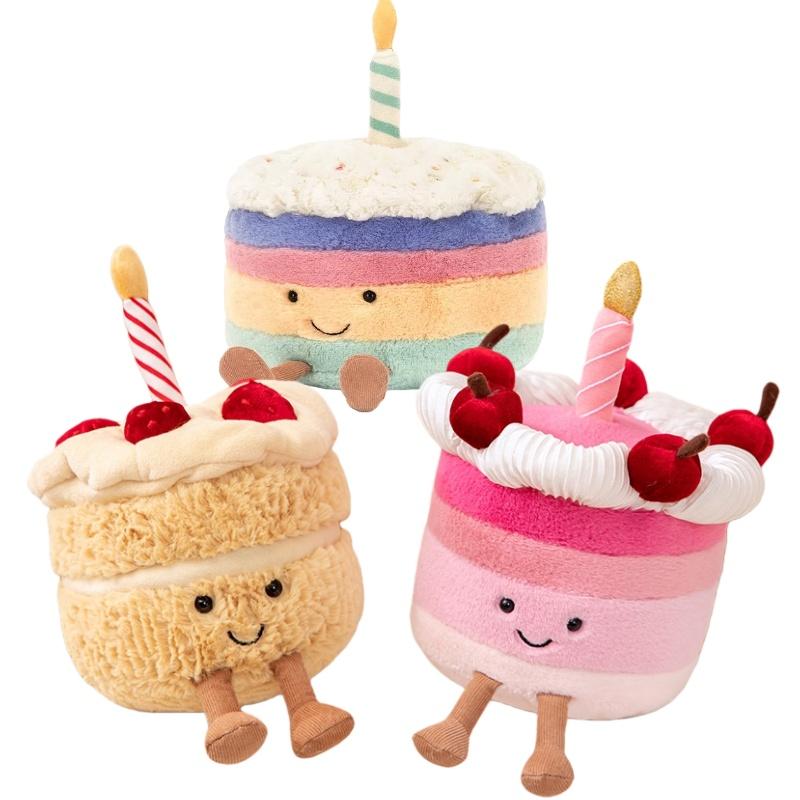 Cute Cherry Cake Plush Toy With Candle Soft Stuffed Doll Birthday Gift For Kids Home Party Decor
