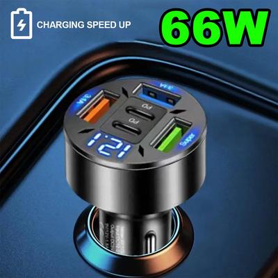66W Car Charger QC 3.0 USB Type-c Quick Charging 5-Port USB A+USB C Fast Charging Cigarette Lighter Adapter For IPhone