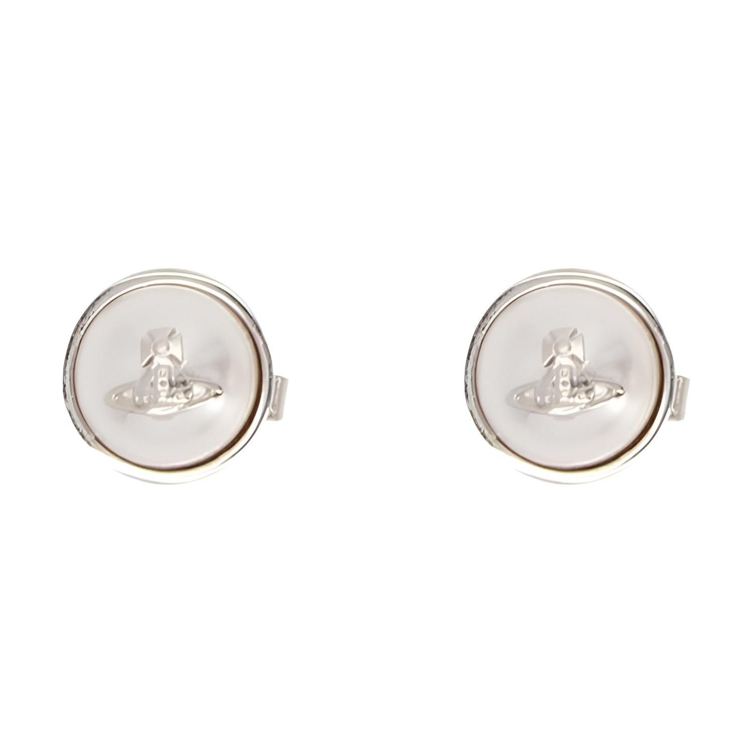 Vivienne Westwood Olga Mother Of Pearl Round 3D Saturn Logo Metal Earrings Unisex Earrings Silver 6201005302P154SMP154 Box