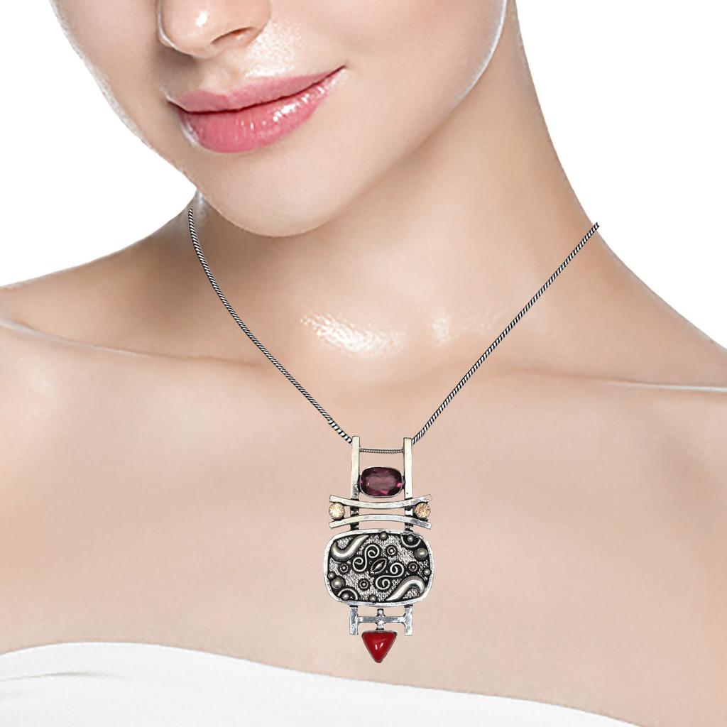 Rhodonite CoralGemstone Mother's Day Handmade Silver Jewelry Pendant  3.25"