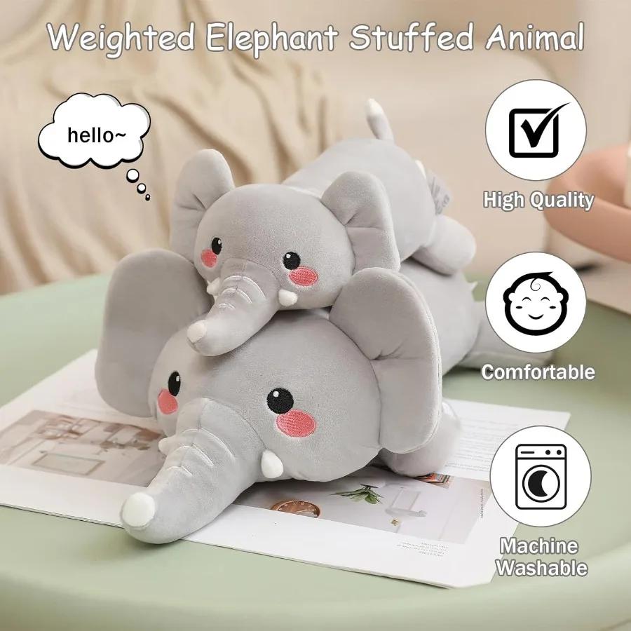 Weighted Elephant Plush Stuffed Animal 13.8 Inch Gentle Pillow Toy Designed for Adults 1.6 Lbs Adorable Grey Plushie Present Calming Stress Relie