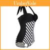 Elegante Costume da Bagno Nero con Scollo a V Profondo e Spalline Sottili Taglie Forti per Costumi da Bagno a Strisce Donna
