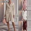 Fashion Autumn Winter Solid Color Print V-Neck Long Sleeve Casual Dresses