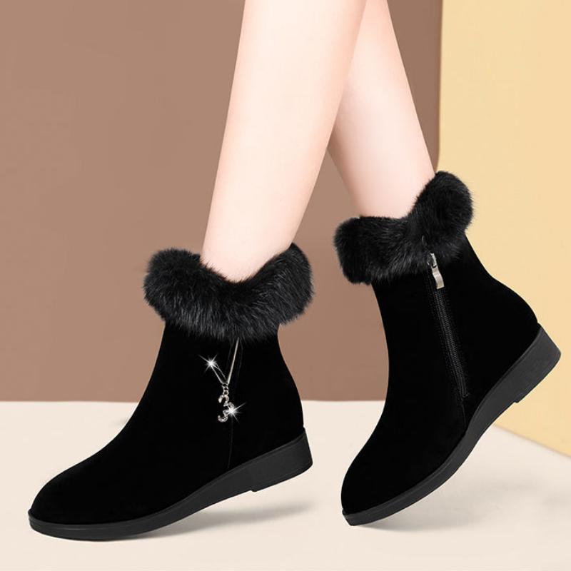 Plüsch Damenstiefel Bequeme Stiefeletten Mode Fell Schneestiefel Reißverschluss Winter Damen Baumwollschuhe Flache Sohle Rutschfeste Stiefel