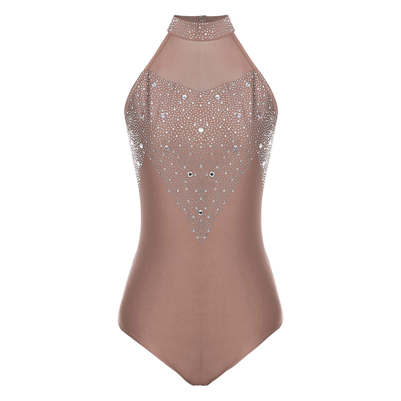 

Жіночий ліричний танцювальний купальник із прозорою сіткою, рюшами та драпіруванням, вирізом на спині, макетом горловини, безрукавним боді зі стразами XL