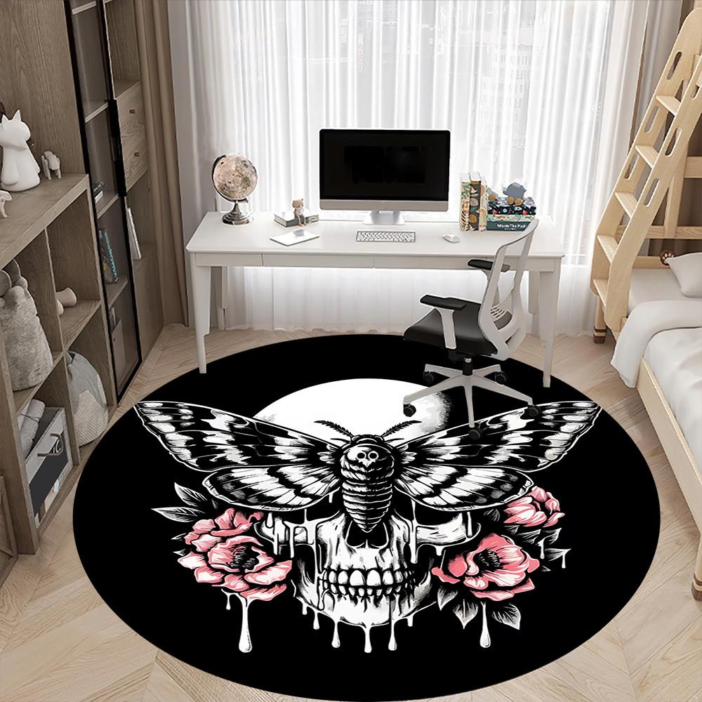 1pc Gothic Skull Butterfly Chair Carpet for Office, Round Non Slip Durable Large Size Office Carpet, Suitable for Office