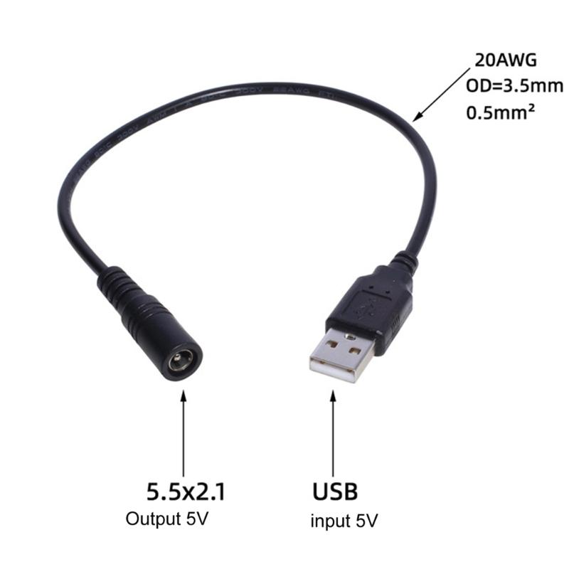 USB to DC5V Power Cable Cord, USB Male to 5.5x2.1mm Female DC5V Power Supply Plug Barrel Connector Charge Line