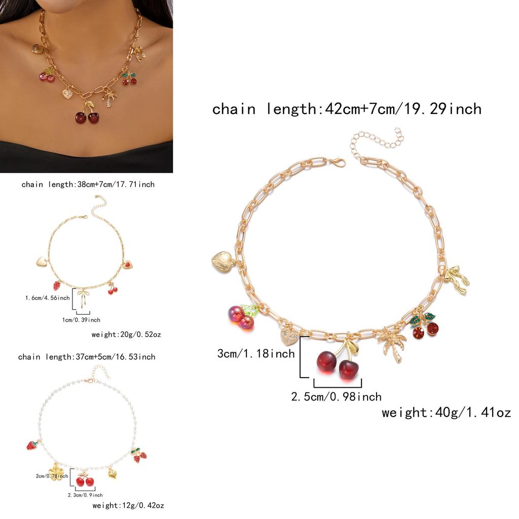 Bracelet Chaîne Pendentif Cœur d'Amour Cerise Avec Chaîne de Perles Pour Femmes Style Été