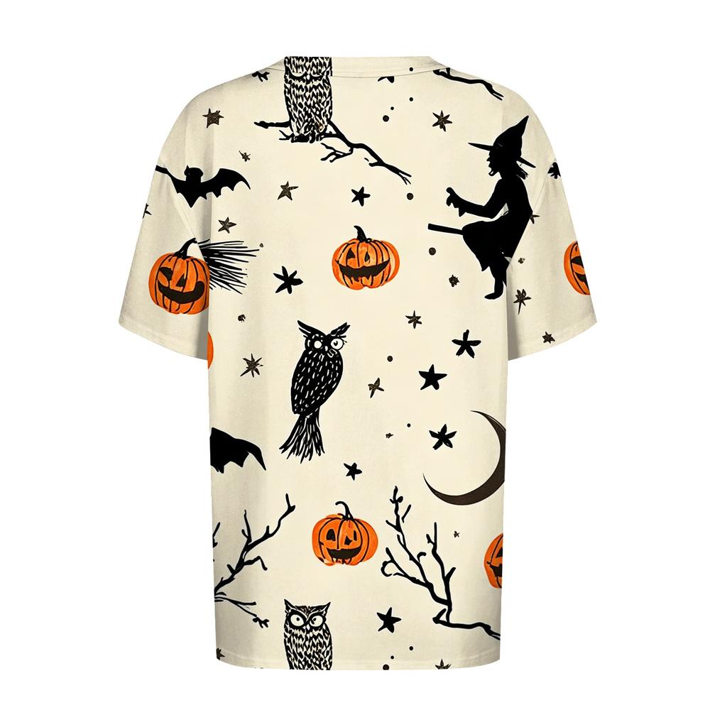 Women's Casual Short Sleeve Pullover Top Halloween Print Bat Pumpkin Ghost Spider Web Round Neck Shirt