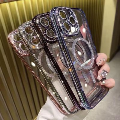 Applicable To IPhone 16 Magnetic Suction Mobile Phone Case Transparent Electroplating Edge Diamond Flash Powder Apple 14/15 Promax Silicone