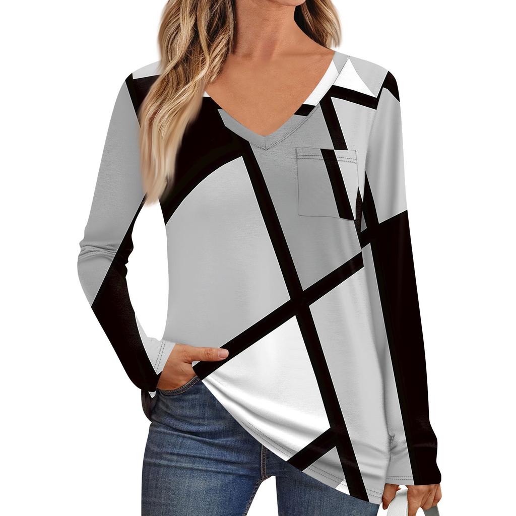 Women's Fashion Long Sleeve V-Neck Pullover Printed T-Shirt Top With Pocket