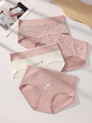 4Pcs High Waist Panties Women Cotton Briefs Fashion Print Ladies Underwear Seamless Underpants