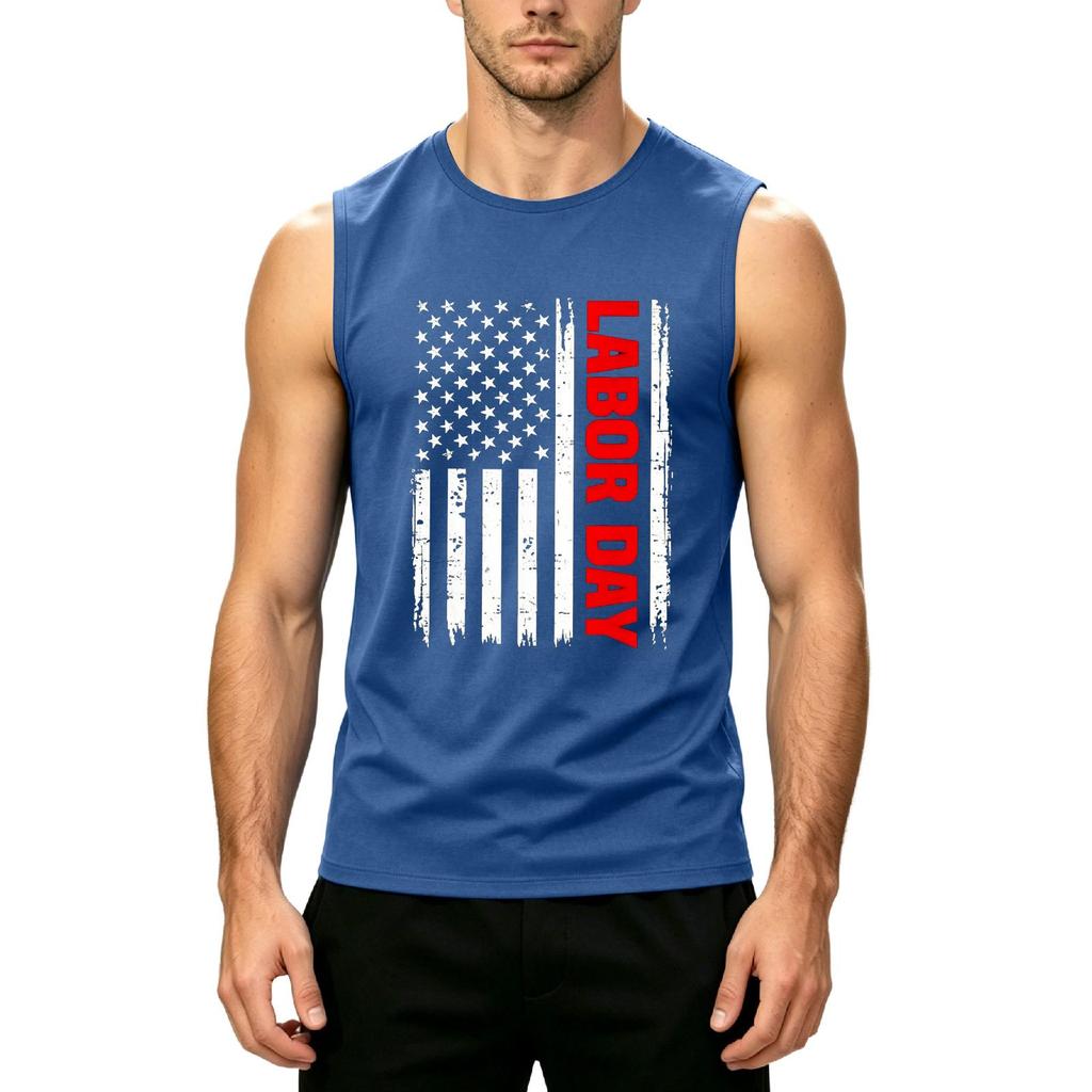 Men's Sleeveless Casual Tank Top with Printed American Flag and Labor Day Text Comfortable Fit for Summer Outdoor Activities