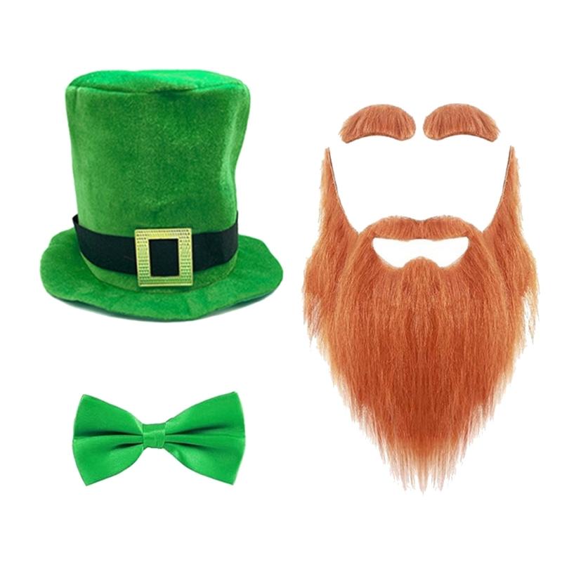 Green Leprechaun Hat Eyebrow Moustache Bowtie Shoes Cover Set Saint Patricks Day Costume Accessories Leprechaun Costume