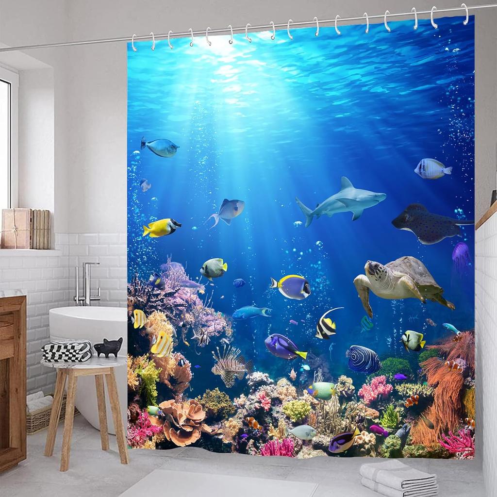 Coastal Turtle Shower Curtain Fish Coral Starfish Seashell Blue Ocean Beach Shower Curtains for Bathroom Waterproof Polyester Fa