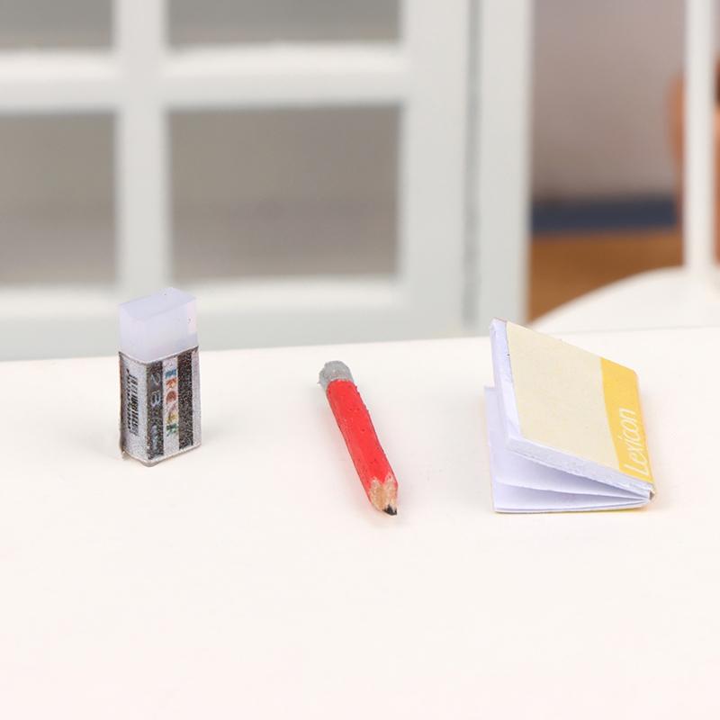 1 sett 1:12 Dukkehus Miniatyr Notebook Blyant Viskelær Student Skrivesaker Modell Barn Late Leke Leke Dukkehus tilbehør