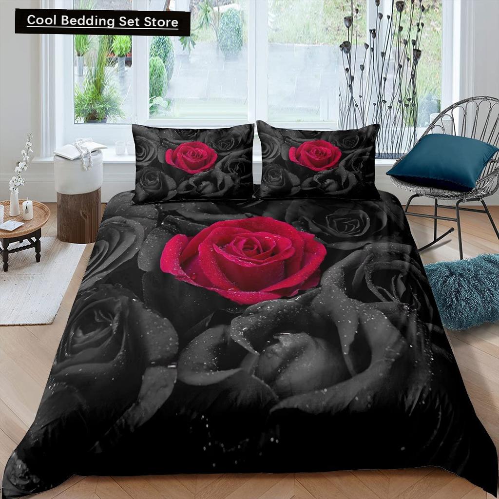Valentine'S Day Rose King Queen Duvet Cover Red White Floral Bedding Set Romantic Flowers Quilt Cover Polyester Comforter Cover