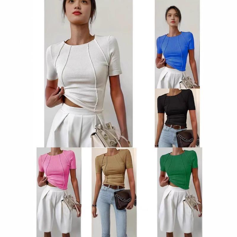 T-shirt da donna monocolore con spacco sul petto e scollo rotondo Un nuovo top estivo aderente
