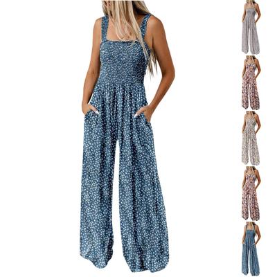 Women's Suspender Pleated Shoulder Straps Printed Pocket Wide Leg Jumpsuit