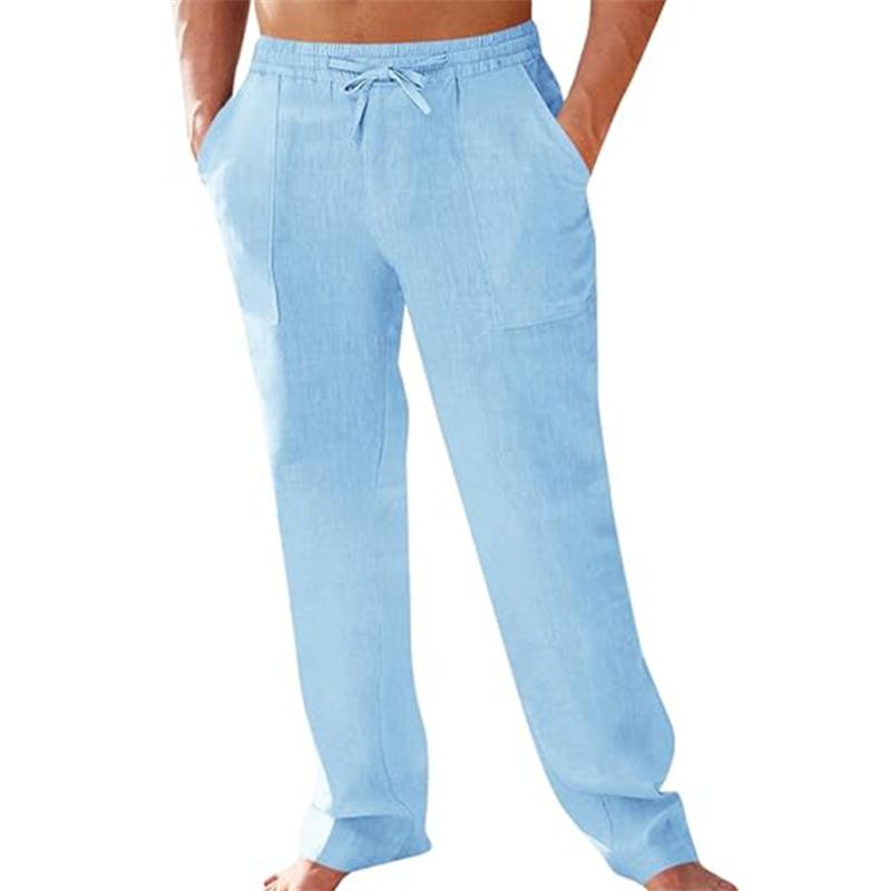 Men's Linen Casual Trousers with Elasticated Waistband Solid Colour, Relaxed Straight Leg with Drawstring Breathable and Stylish Long Trousers