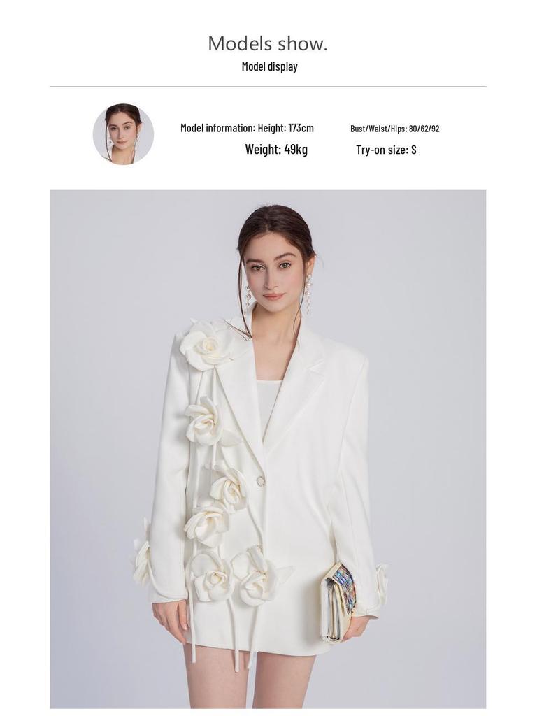 Jachetă Costum Casual cu Design Floral Alb 3D de Primăvară 2024