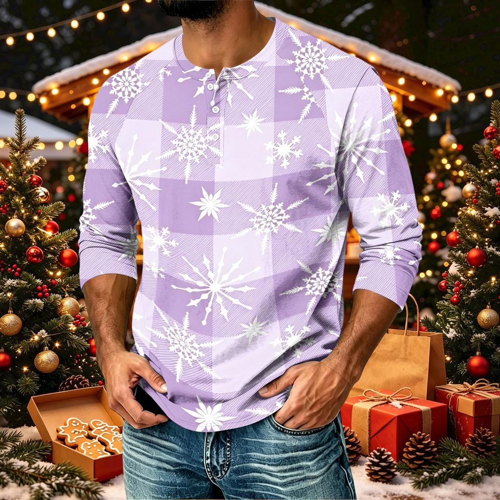 Men's Casual Shirt with Raglan Three-Quarter Length Sleeves Christmas Print Pullover