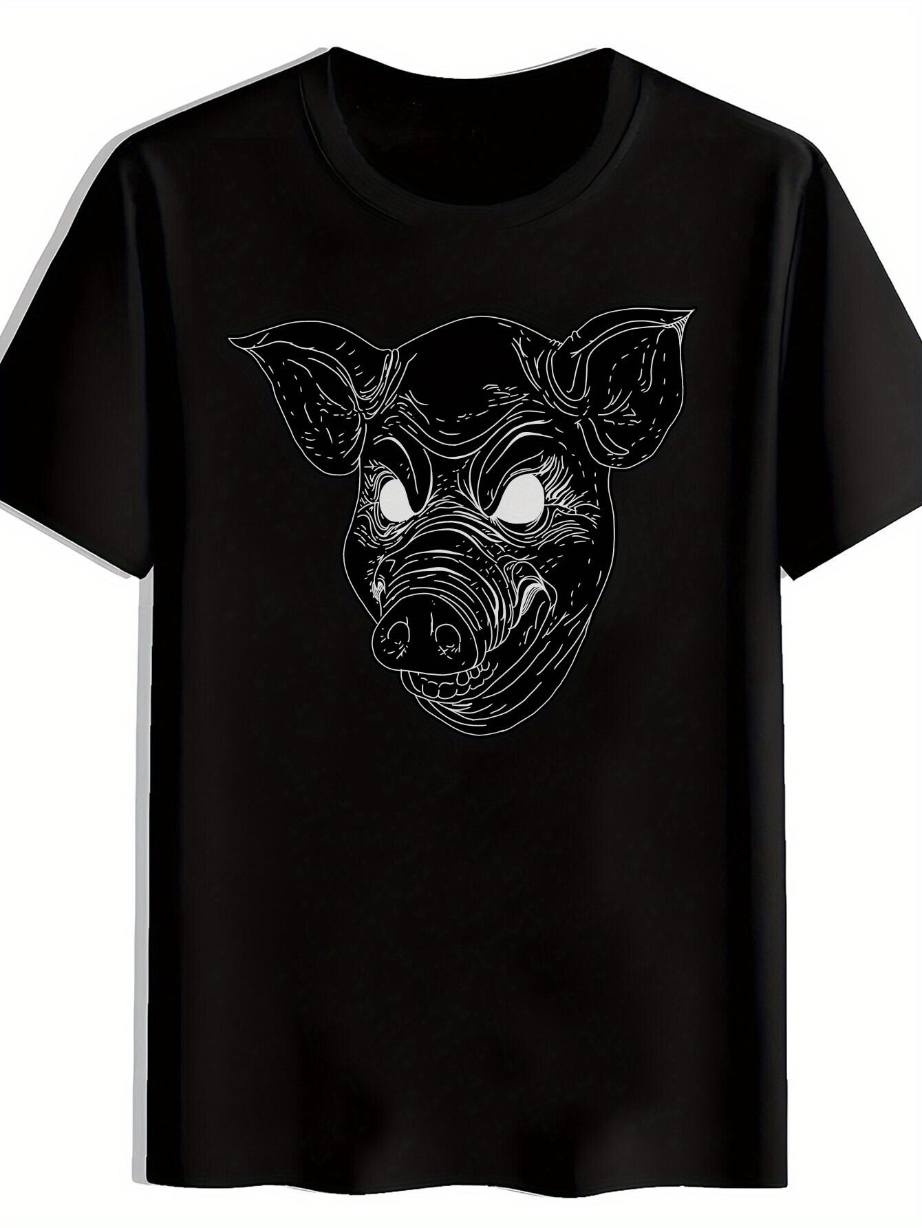 Black T-shirt with White Pig Mask Graphic - Casual Crew Neck S