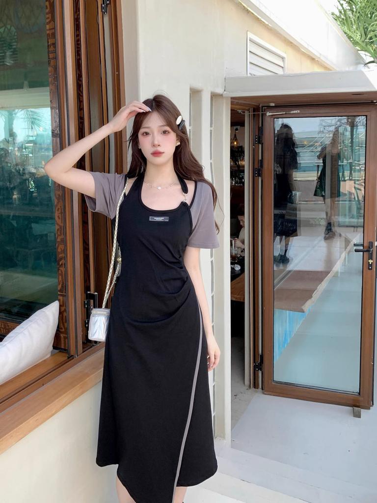 Design sense Fashion irregular split long dress Xia Chun wants Spice Girl style thin hanging neck fake two-piece dress