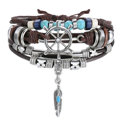 Vintage Cowhide Jewelry, New Turquoise Multi-layer Leather Bracelet, Genuine Leather Feather Bracelet.