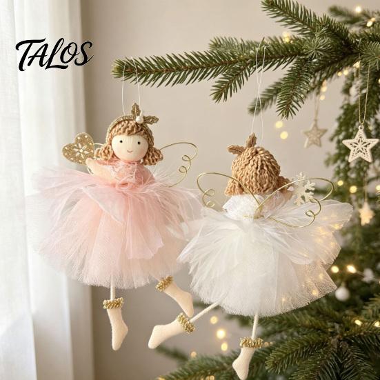 Dreamy New Year Home Decor Angel Doll Hanging Ornaments with Lace Mesh And Glitter Wings for Christmas Fairy Tale Style Tree Decoration, Fabric