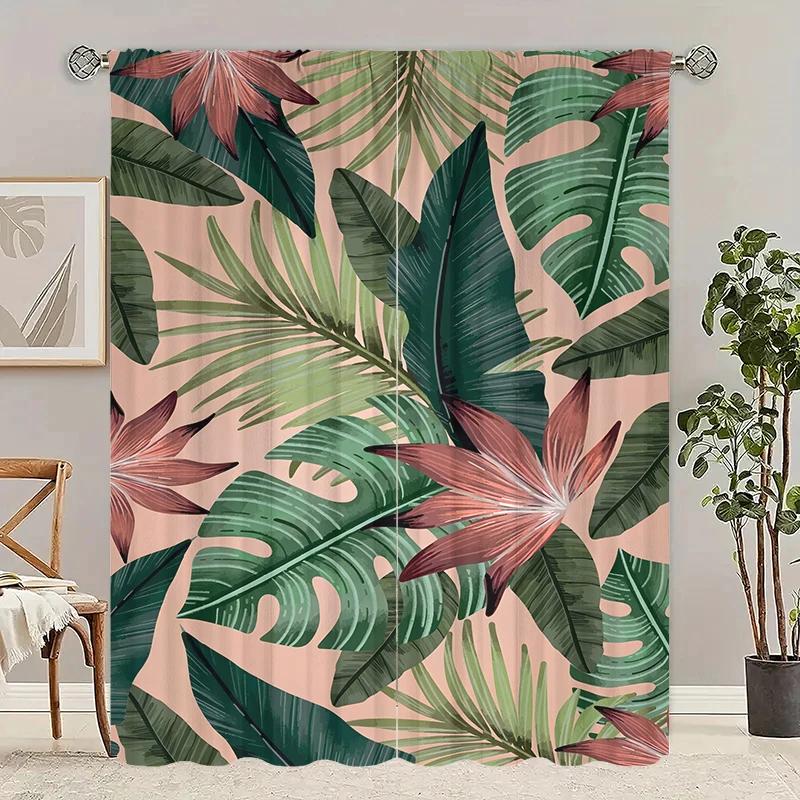 Set Of 2 Tropical Leaves Printed Curtains Pole Bag Bedroom Living Room Home Decoration Made Polyester Area Window Treatment