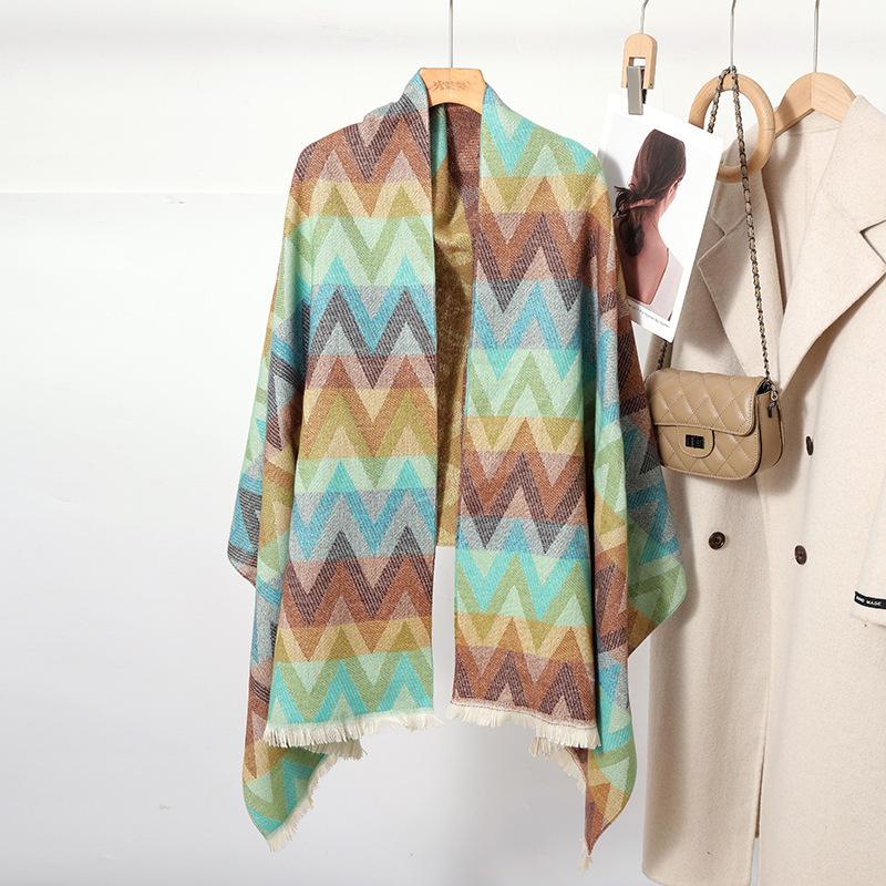New Autumn and Winter Imitation Cashmere Colorful Wavy Plaid Scarf for Women Korean Version Sweet Warm Windproof Thick Scarf