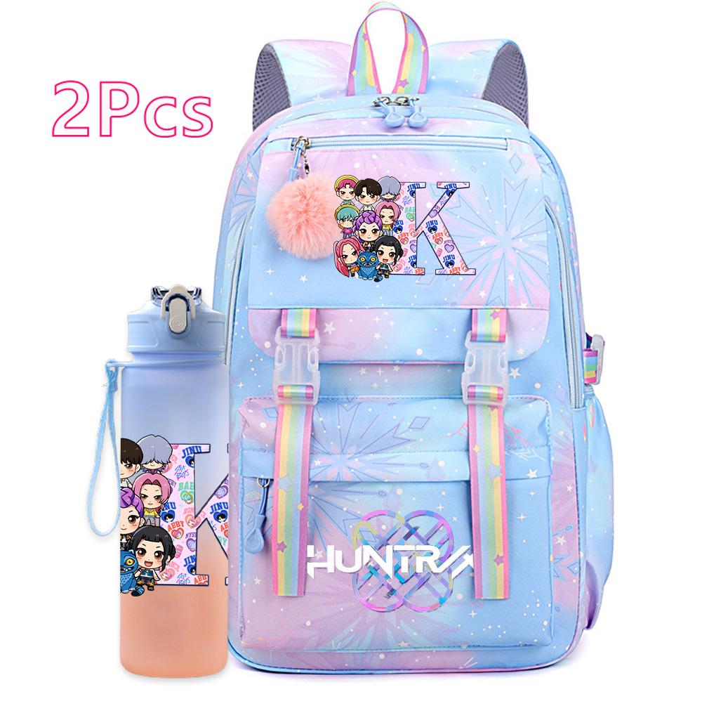 2Pcs/set K-pop Printed Backpack with 750Ml Water Bottler Large Capacity Travel Bag for Teenager Girl Boy Bookbag Kid Gift Large Capacity Bag Mochila