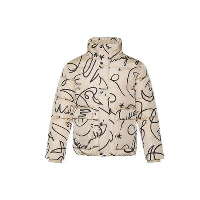 Li Ning X Sanatçı DFT İşbirliği Wade Serisi Eğlenceli Desenli Dik Yaka Bol Spor Mont Kışlık Erkek Ceket Bej AYMR443-2