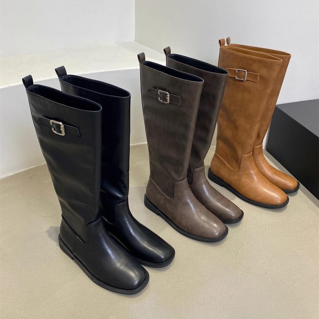 Flat-bottomed Korean Skinny Long Knight Boots Women's Shoes 2025 New Autumn and Winter Black Straight Boots Medium Long Boots