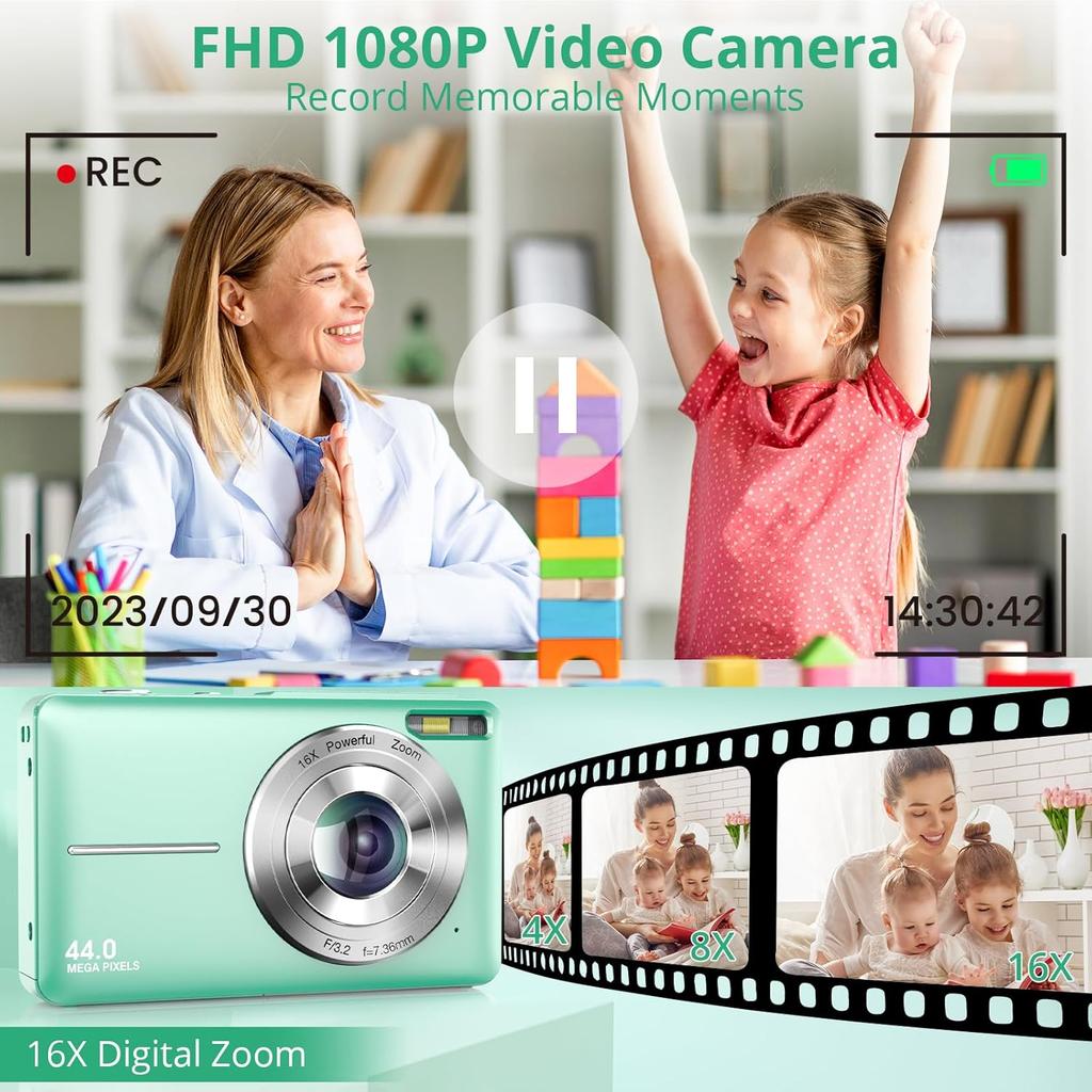 Digital Camera 1080P 44MP Digital Cameras, Digital Point and Shoot Camera for Kids with 16X Zoom, Anti-Shake, Compact Small Travel Camera for